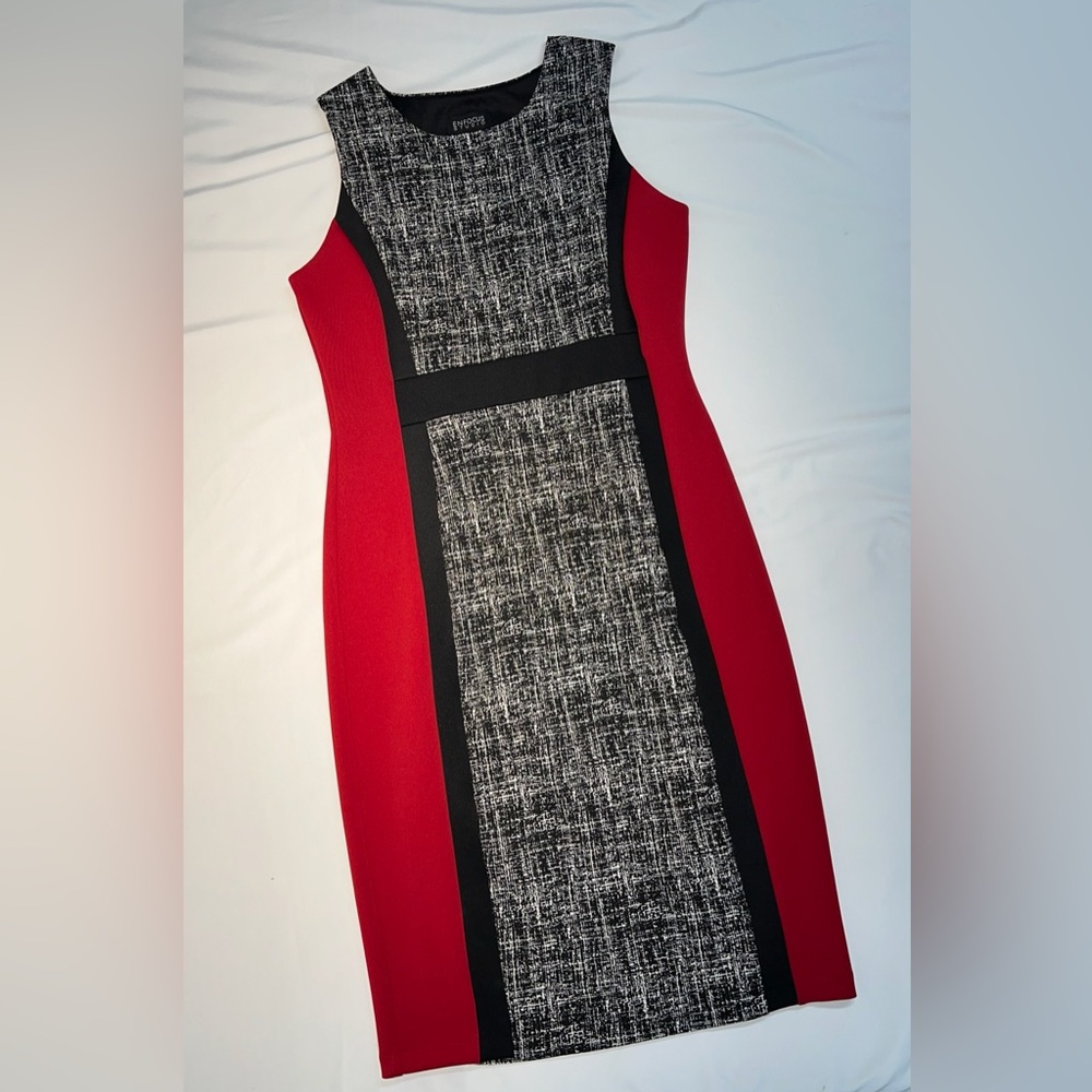 EnFocus Red, Black, and Tweed Color Block Sheath Dress - Size 12
